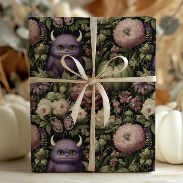 Vintage Halloween Monsters and Pumpkins Purple Wrapping Paper (Creator Uploaded)