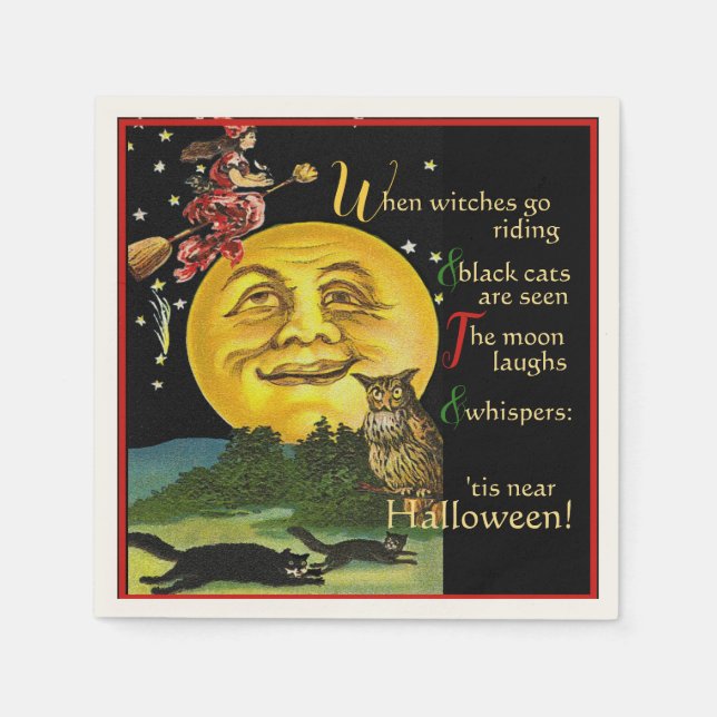 Vintage Halloween Moon Watching Witch with Poem Napkin (Front)
