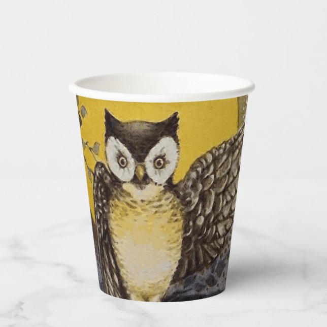 Vintage Halloween Moonlight Spooky Owl Paper Cups (Front)