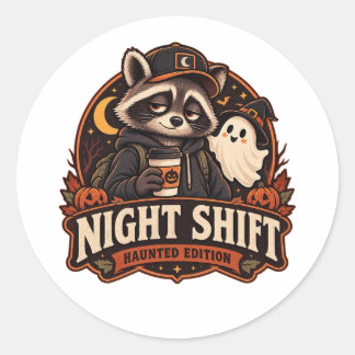 Vintage Halloween Night Shift Racoon Haunted Edit Classic Round Sticker