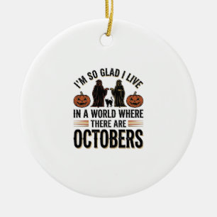 Vintage Halloween October Quote Pumpkin Cat Design Ceramic Ornament