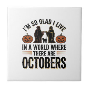 Vintage Halloween October Quote Pumpkin Cat Design Ceramic Tile