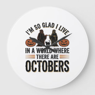 Vintage Halloween October Quote Pumpkin Cat Design Large Clock