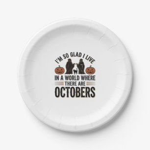Vintage Halloween October Quote Pumpkin Cat Design Paper Plate