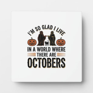 Vintage Halloween October Quote Pumpkin Cat Design Plaque