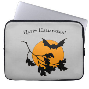 Vintage Halloween Orange Moon Flying Bats Laptop Sleeve
