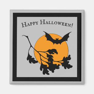 Vintage Halloween Orange Moon Flying Bats Magnet