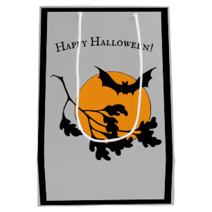 Vintage Halloween Orange Moon Flying Bats Medium Gift Bag
