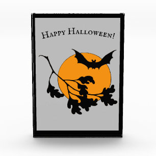Vintage Halloween Orange Moon Flying Bats Photo Block