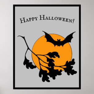 Vintage Halloween Orange Moon Flying Bats Poster