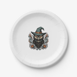Vintage Halloween Owl Witch Hat Vector Design_1 Paper Plate