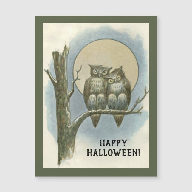 Vintage Halloween Pair of Owls Sitting Night Moon (Front)