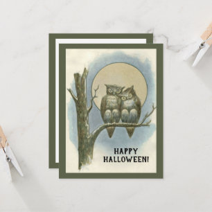Vintage Halloween Pair of Owls Sitting Night Moon Invitation
