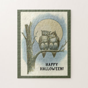 Vintage Halloween Pair of Owls Sitting Night Moon Jigsaw Puzzle