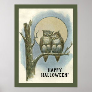 Vintage Halloween Pair of Owls Sitting Night Moon Poster