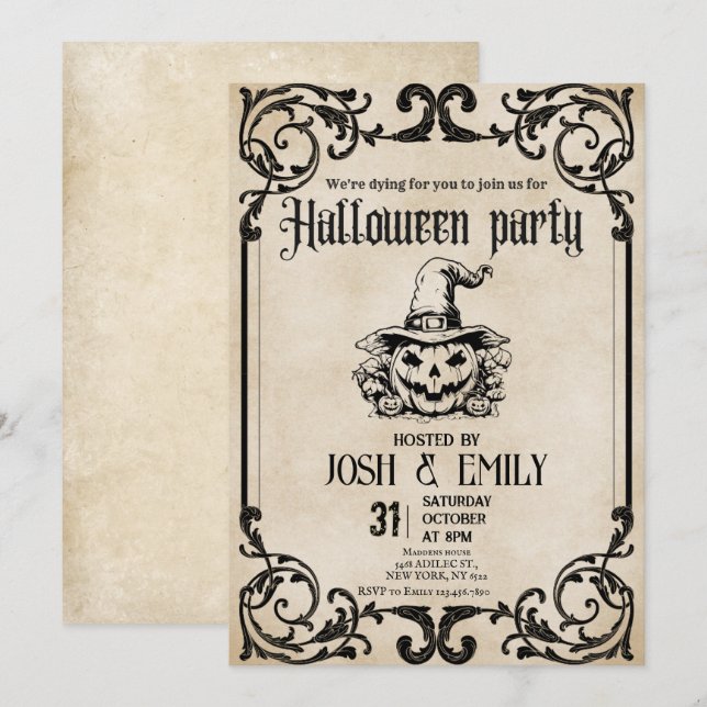Vintage Halloween Party Adult Pumpkin Invitation (Front/Back)