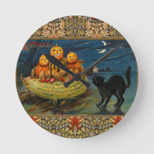 Vintage Halloween Party Black Cat Round Clock