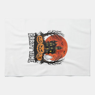 Vintage Halloween Party Time Ghost Pumpkin Shirt_1 Tea Towel