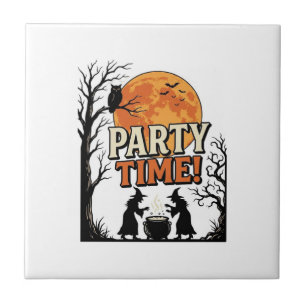 Vintage Halloween Party Time Witch Cauldron Shirt_ Ceramic Tile