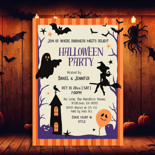 Vintage Halloween Party Witch Ghost Bat haunted Invitation