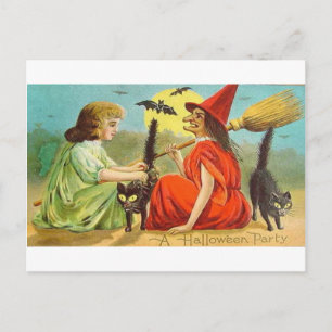 Vintage Halloween Party With Witch and Cats Postcard