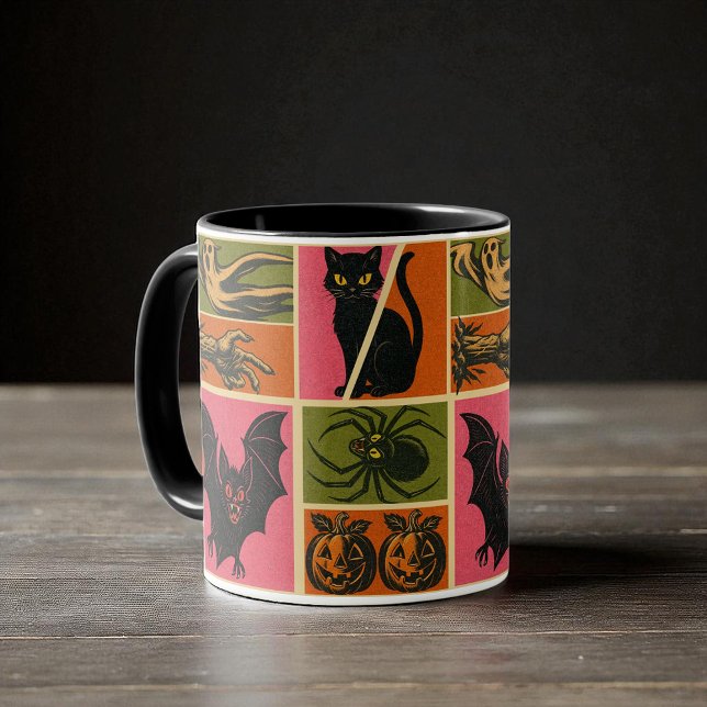 Vintage Halloween Pattern  Mug (Retro Halloween mug with black cats, bats, pumpkins, ghosts, spiders, and creepy hands in bold color)