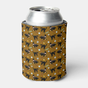 Vintage Halloween Pattern Witch Broom Black Cat Can Cooler