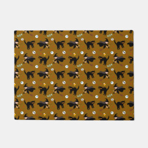 Vintage Halloween Pattern Witch Broom Black Cat Doormat