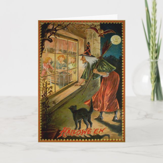 Vintage Halloween Peeping Witch Greeting Card  (Front)
