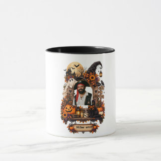 Vintage Halloween Personalised Photo Name Black Ca Mug