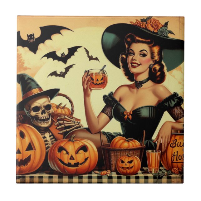 Vintage Halloween Pin-Up Ceramic Tile (Front)