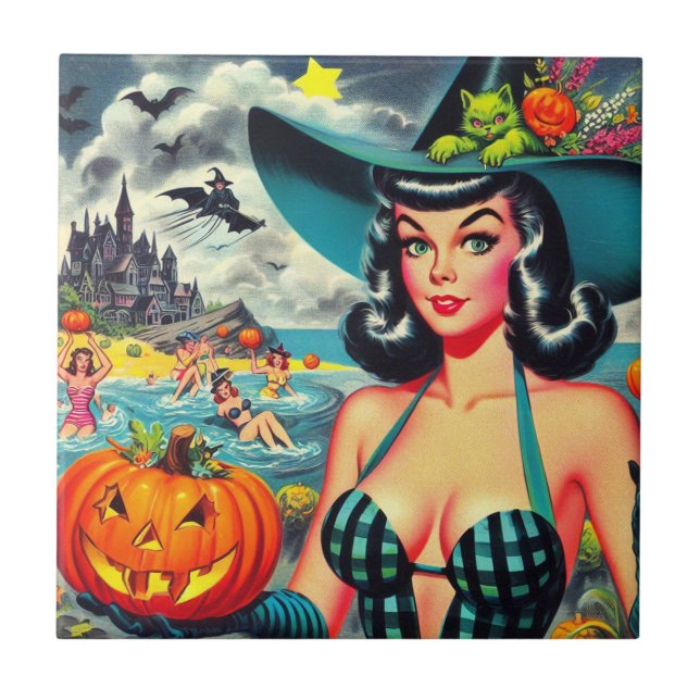 Vintage Halloween Pin-up Ceramic Tile (Front)