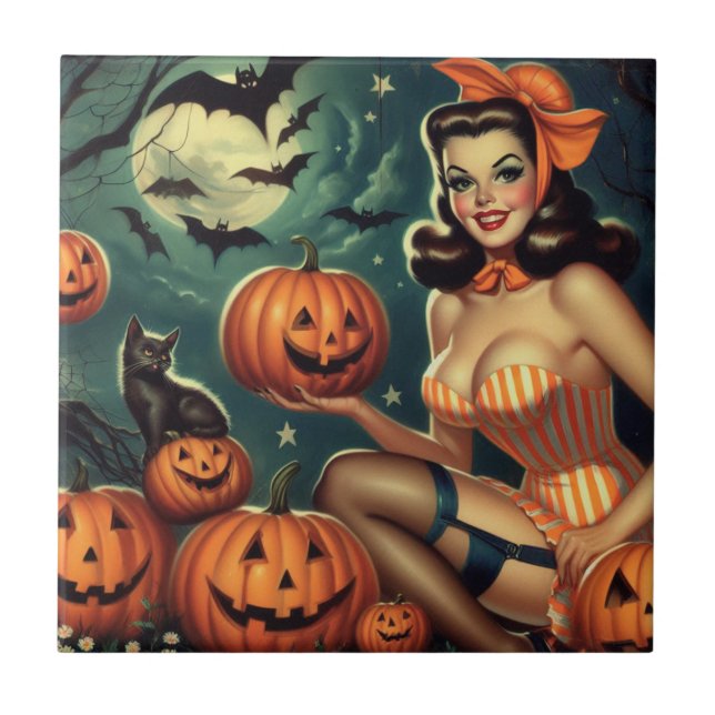 Vintage Halloween Pin Up Ceramic Tile (Front)