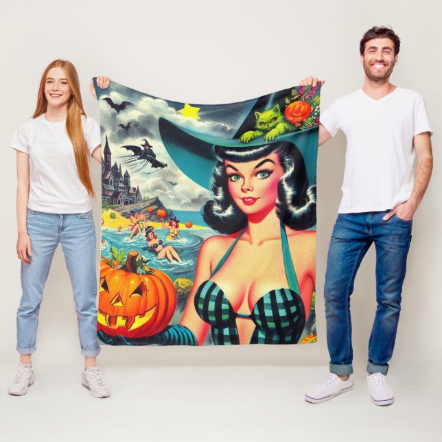Vintage Halloween Pin-up Fleece Blanket (In Situ)