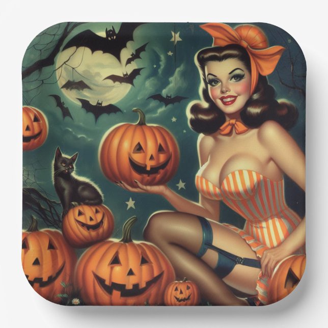 Vintage Halloween Pin Up Paper Plate (Front)