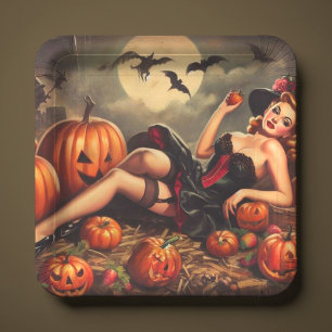 Vintage Halloween Pin Up Paper Plate