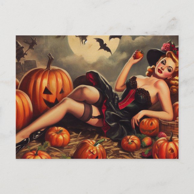 Vintage Halloween Pin Up Postcard (Front)