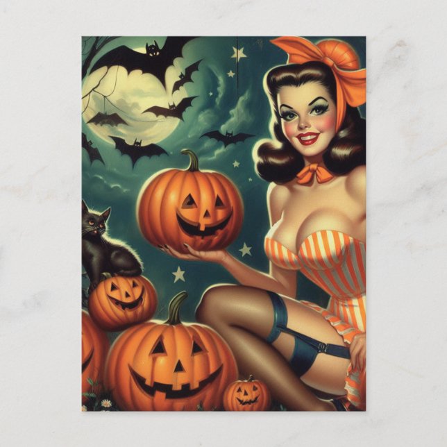 Vintage Halloween Pin Up Postcard (Front)