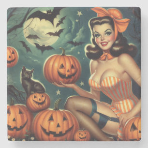 Vintage Halloween Pin Up Stone Coaster