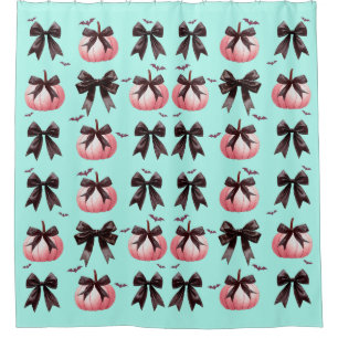 Vintage Halloween Pink Pumpkin Black Bow Green Shower Curtain