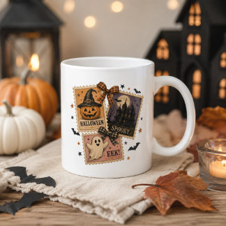Vintage Halloween Postage Stamp Collage Large Coffee Mug