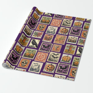 Vintage Halloween Postage Stamps Wrapping Paper