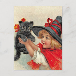 Vintage Halloween Postcard - Girl & Black Cat