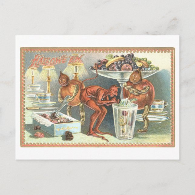 Vintage Halloween Postcard with Candy and Devil (Front)