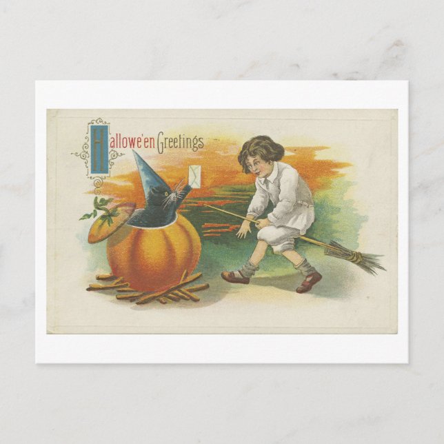 Vintage Halloween Postcard with Candy and Devil (Front)