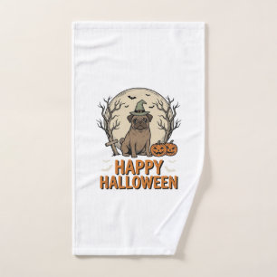 Vintage Halloween Pug Dog Witch Hat Shirt Design_1 Hand Towel