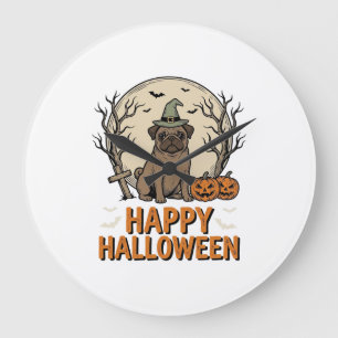 Vintage Halloween Pug Dog Witch Hat Shirt Design_1 Large Clock