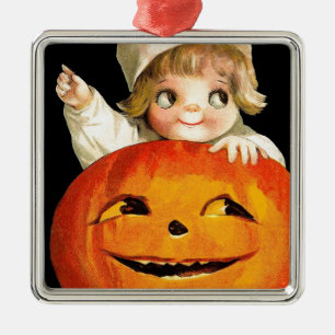 Vintage Halloween Pumpkin and Cute Girl Gift Item Metal Tree Decoration