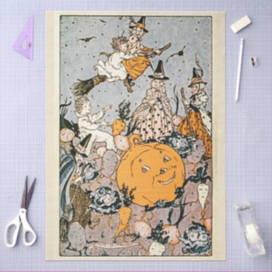 Vintage Halloween Pumpkin and Witches Decoupage Tissue Paper