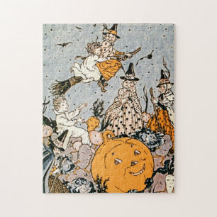 Vintage Halloween Pumpkin and Witches with brooms Jigsaw Puzzle